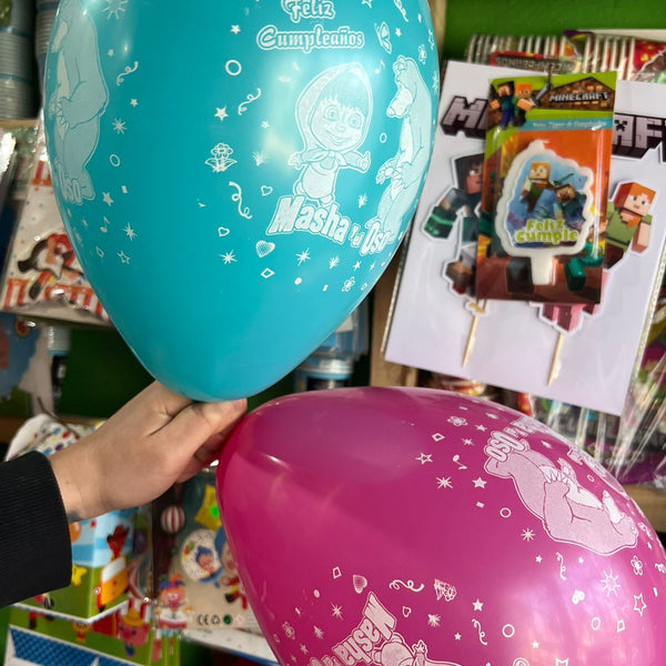 Globos latex impresos masha y el oso paquete X 12 unidades