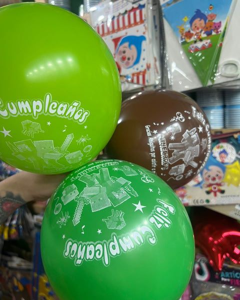 Globos latex impresos minecraft paquete X 12 unidades
