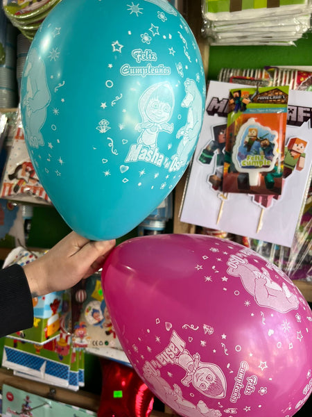 Globos latex impresos masha y el oso paquete X 12 unidades