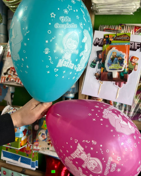 Globos latex impresos masha y el oso paquete X 12 unidades