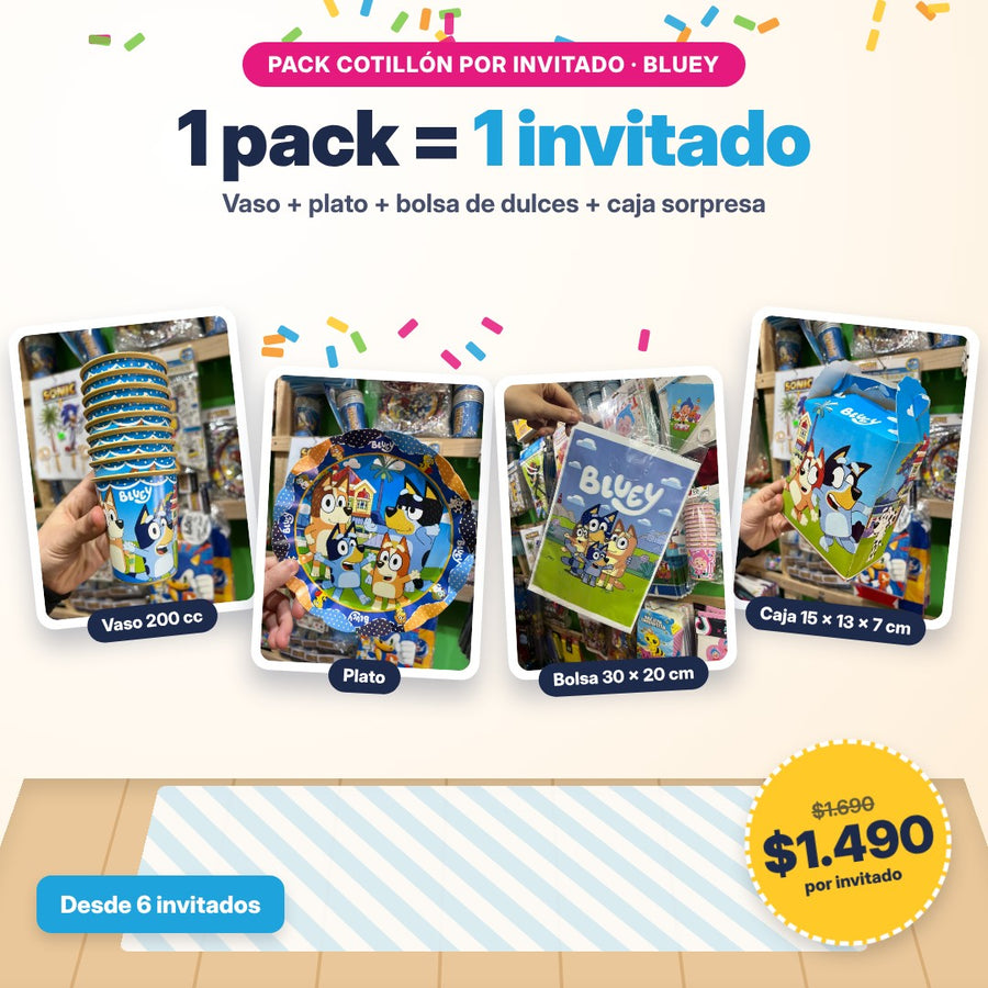 Pack cotillón por invitado Bluey